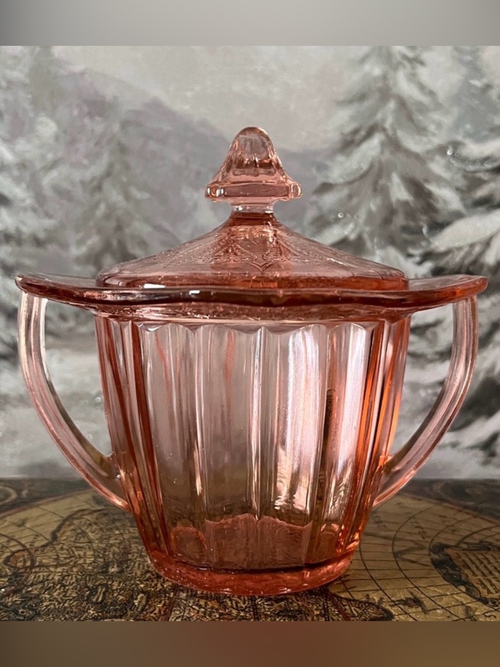 Vintage Jeannette Glass Pink Depression Glass Sugar Bowl w/ Lid Adam Pattern